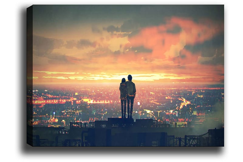 Canvastavla 70x100 cm - Romantisk silhuett av ett par som står tillsammans och beundrar en solnedgång över en stad - Orange / Blå / Svart - Inredning - Tavlor & posters - Canvastavla