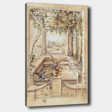 Canvastavla 70x100 cm - Romantisk trädgård med en vacker utsikt och blommor i en vas - Beige / Grön / Rosa - Inredning - Tavlor & posters - Canvastavla