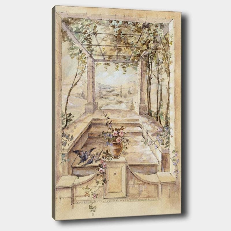 Canvastavla 70x100 cm - Romantisk trädgård med en vacker utsikt och blommor i en vas, Beige / Grön / Rosa