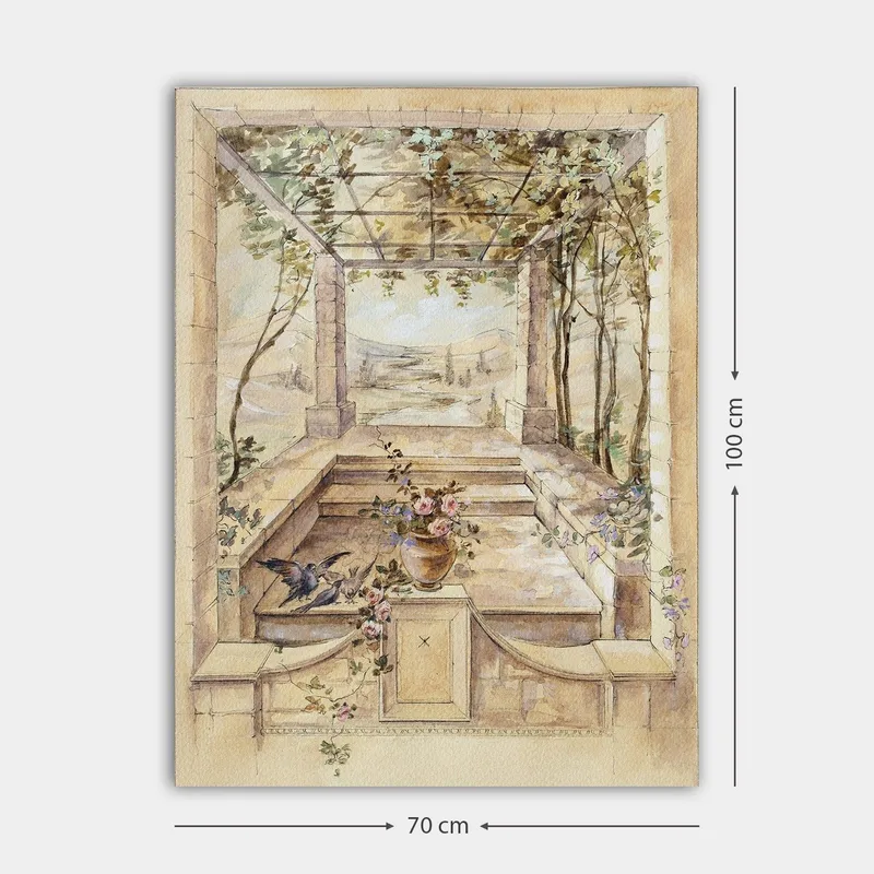 Canvastavla 70x100 cm - Romantisk trädgård med en vacker utsikt och blommor i en vas - Beige / Grön / Rosa - Inredning - Tavlor & posters - Canvastavla