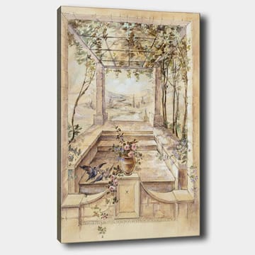Canvastavla 70x100 cm - Romantisk trädgård med en vacker utsikt och blommor i en vas - Beige / Grön / Rosa - Inredning - Tavlor & posters - Canvastavla