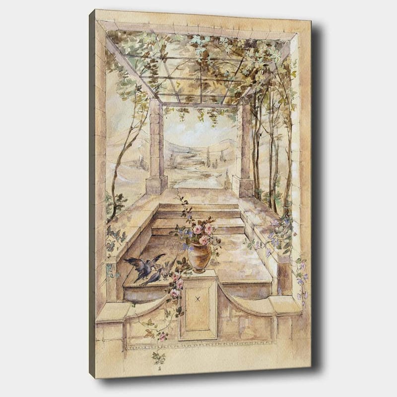 Canvastavla 70x100 cm - Romantisk trädgård med en vacker utsikt och blommor i en vas, Beige / Grön / Rosa