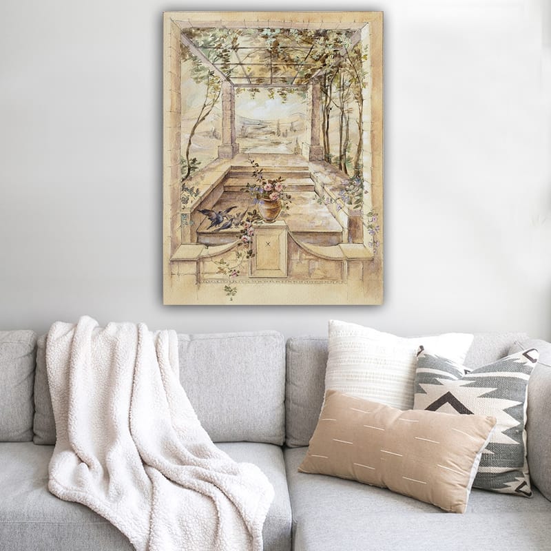 Canvastavla 70x100 cm - Romantisk trädgård med en vacker utsikt och blommor i en vas - Beige / Grön / Rosa - Inredning - Tavlor & posters - Canvastavla