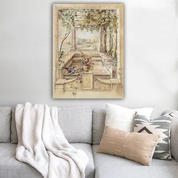 Canvastavla 70x100 cm - Romantisk trädgård med en vacker utsikt och blommor i en vas - Beige / Grön / Rosa - Inredning - Tavlor & posters - Canvastavla