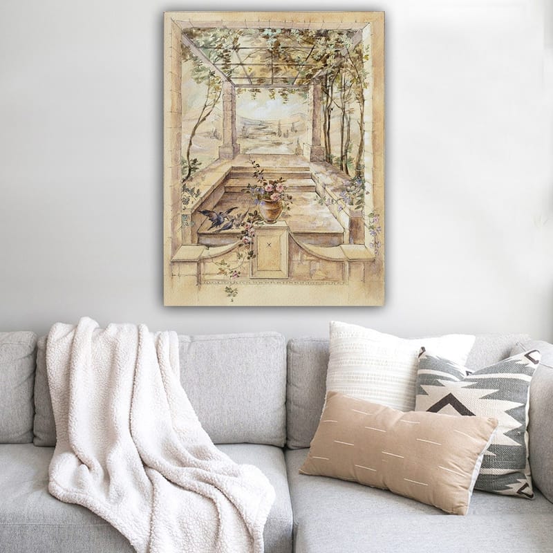 Canvastavla 70x100 cm - Romantisk trädgård med en vacker utsikt och blommor i en vas - Beige / Grön / Rosa - Inredning - Tavlor & posters - Canvastavla