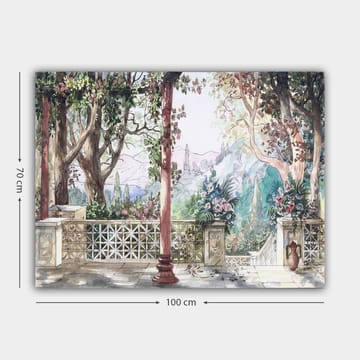 Canvastavla 70x100 cm - Romantisk utsikt över en trädgård med blommor och pelare i en solig miljö - Grön / Rosa / Beige - Inredning - Tavlor & posters - Canvastavla