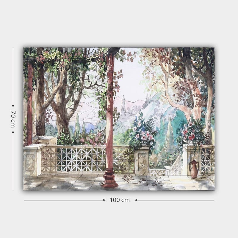 Canvastavla 70x100 cm - Romantisk utsikt över en trädgård med blommor och pelare i en solig miljö - Grön / Rosa / Beige - Inredning - Tavlor & posters - Canvastavla