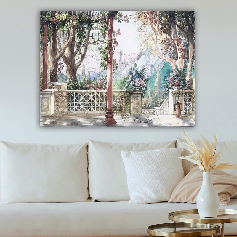 Canvastavla 70x100 cm - Romantisk utsikt över en trädgård med blommor och pelare i en solig miljö - Grön / Rosa / Beige - Inredning - Tavlor & posters - Canvastavla
