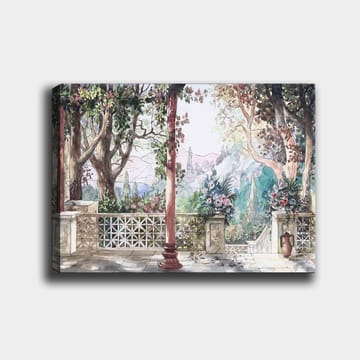 Canvastavla 70x100 cm - Romantisk utsikt över en trädgård med blommor och pelare i en solig miljö - Grön / Rosa / Beige - Inredning - Tavlor & posters - Canvastavla