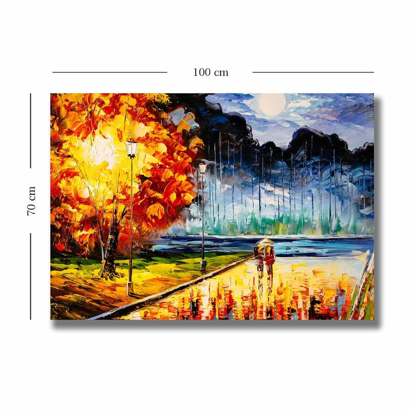 Canvastavla 70x100 cm - Romantisk promenad under en månbelyst himmel med färgglada höstträd - Orange / Blå / Röd - Inredning - Tavlor & posters - Canvastavla