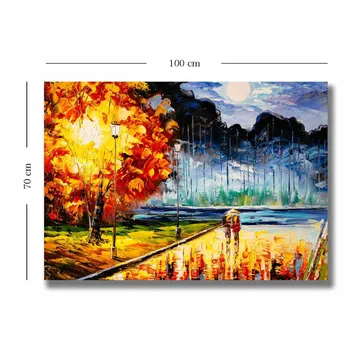 Canvastavla 70x100 cm - Romantisk promenad under en månbelyst himmel med färgglada höstträd - Orange / Blå / Röd - Inredning - Tavlor & posters - Canvastavla