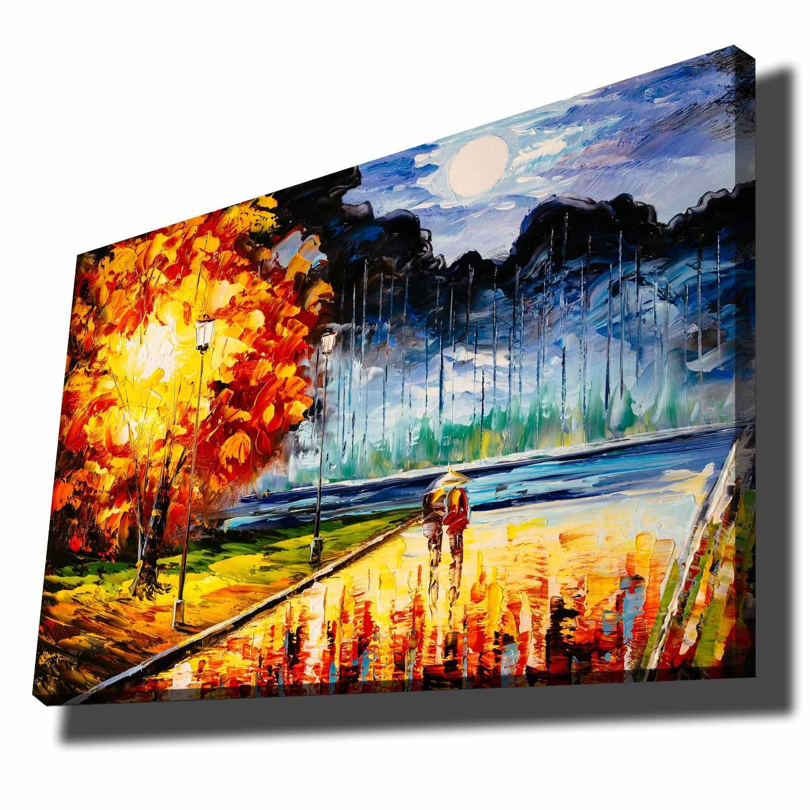 Canvastavla 70x100 cm - Romantisk promenad under en månbelyst himmel med färgglada höstträd - Orange / Blå / Röd