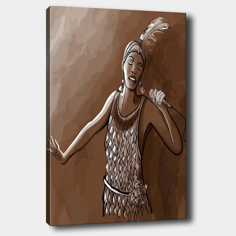 Canvastavla 70x100 cm - Sångerska i en glittrig klänning som framför en kraftfull sång, Brun / Beige / Vit