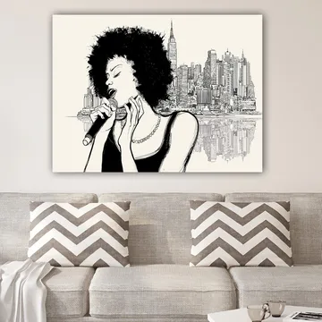 Canvastavla 70x100 cm - Sångerska med afrohår som framträder framför en stadssilhuett - Svart / Beige - Inredning - Tavlor & posters - Canvastavla