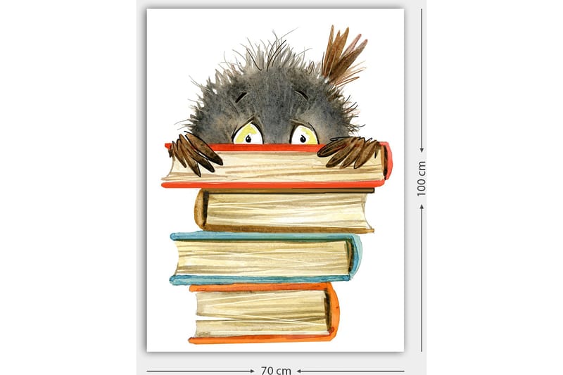 Canvastavla 70x100 cm - Söt, nyfiken karaktär som tittar fram bakom en stapel böcker - Svart / Beige / Orange - Inredning - Tavlor & posters - Canvastavla