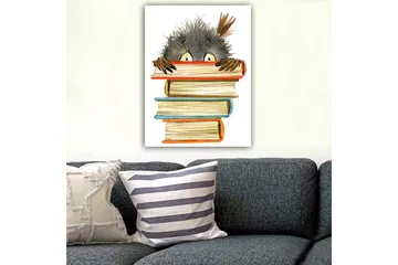 Canvastavla 70x100 cm - Söt, nyfiken karaktär som tittar fram bakom en stapel böcker - Svart / Beige / Orange - Inredning - Tavlor & posters - Canvastavla