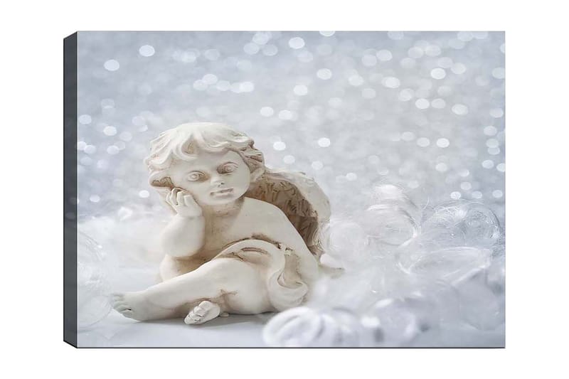 Canvastavla 70x100 cm - Söt ängel i keramik som sitter med en eftertänksam min, Vit / Beige