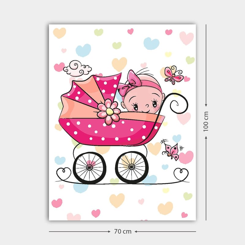 Canvastavla 70x100 cm - Söt baby i en barnvagn omgiven av färgglada hjärtan och fjärilar - Rosa / Svart / Ljusblå - Inredning - Tavlor & posters - Canvastavla