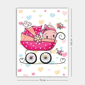 Canvastavla 70x100 cm - Söt baby i en barnvagn omgiven av färgglada hjärtan och fjärilar - Rosa / Svart / Ljusblå - Inredning - Tavlor & posters - Canvastavla
