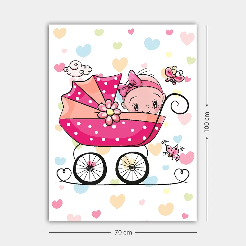 Canvastavla 70x100 cm - Söt baby i en barnvagn omgiven av färgglada hjärtan och fjärilar - Rosa / Svart / Ljusblå - Inredning - Tavlor & posters - Canvastavla