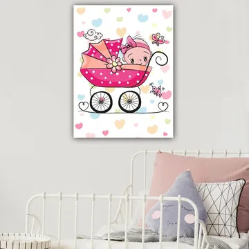 Canvastavla 70x100 cm - Söt baby i en barnvagn omgiven av färgglada hjärtan och fjärilar - Rosa / Svart / Ljusblå - Inredning - Tavlor & posters - Canvastavla