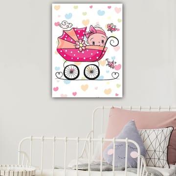 Canvastavla 70x100 cm - Söt baby i en barnvagn omgiven av färgglada hjärtan och fjärilar - Rosa / Svart / Ljusblå - Inredning - Tavlor & posters - Canvastavla