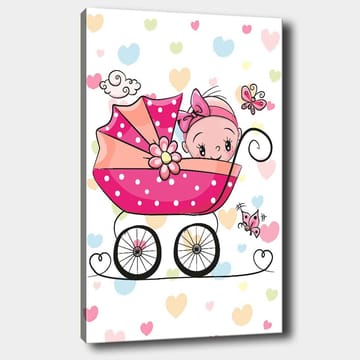 Canvastavla 70x100 cm - Söt baby i en barnvagn omgiven av färgglada hjärtan och fjärilar - Rosa / Svart / Ljusblå - Inredning - Tavlor & posters - Canvastavla