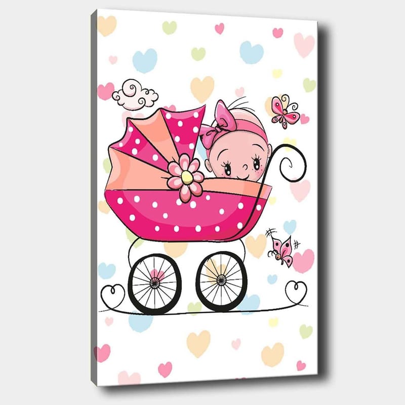Canvastavla 70x100 cm - Söt baby i en barnvagn omgiven av färgglada hjärtan och fjärilar, Rosa / Svart / Ljusblå