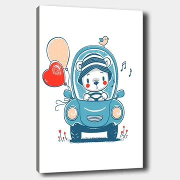 Canvastavla 70x100 cm - Söt björn i en bil som håller i ballonger och ser glad ut - Blå / Röd / Beige - Inredning - Tavlor & posters - Canvastavla