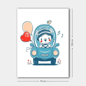 Canvastavla 70x100 cm - Söt björn i en bil som håller i ballonger och ser glad ut - Blå / Röd / Beige - Inredning - Tavlor & posters - Canvastavla