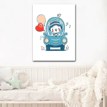Canvastavla 70x100 cm - Söt björn i en bil som håller i ballonger och ser glad ut - Blå / Röd / Beige - Inredning - Tavlor & posters - Canvastavla