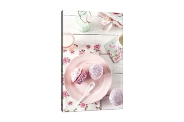 Canvastavla 70x100 cm - Söt dukning med cupcakes på en rosa tallrik - Rosa / Vit / Ljusgrön - Inredning - Tavlor & posters - Canvastavla