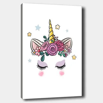 Canvastavla 70x100 cm - Söt enhörning med blommor och stjärnor som dekoration - Lila / Rosa / Guld - Inredning - Tavlor & posters - Canvastavla