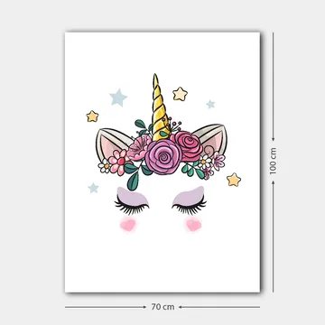 Canvastavla 70x100 cm - Söt enhörning med blommor och stjärnor som dekoration - Lila / Rosa / Guld - Inredning - Tavlor & posters - Canvastavla