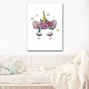Canvastavla 70x100 cm - Söt enhörning med blommor och stjärnor som dekoration - Lila / Rosa / Guld - Inredning - Tavlor & posters - Canvastavla