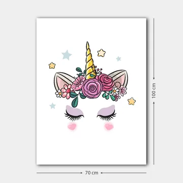 Canvastavla 70x100 cm - Söt enhörning med blommor och stjärnor som dekoration - Lila / Rosa / Guld - Inredning - Tavlor & posters - Canvastavla
