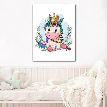 Canvastavla 70x100 cm - Söt enhörning med färgglad man och fjädrar som prydnad - Rosa / Lila / Grön - Inredning - Tavlor & posters - Canvastavla