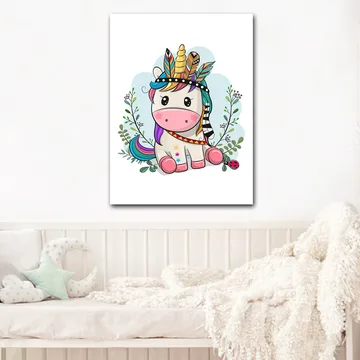 Canvastavla 70x100 cm - Söt enhörning med färgglad man och fjädrar som prydnad - Rosa / Lila / Grön - Inredning - Tavlor & posters - Canvastavla