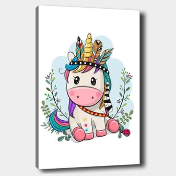 Canvastavla 70x100 cm - Söt enhörning med färgglad man och fjädrar som prydnad - Rosa / Lila / Grön - Inredning - Tavlor & posters - Canvastavla