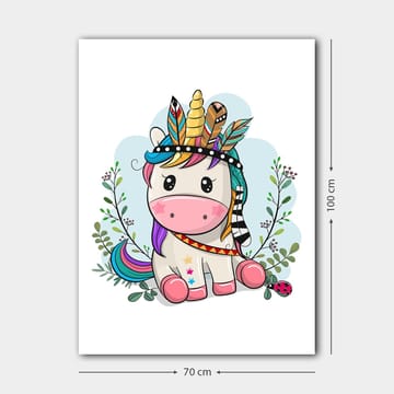 Canvastavla 70x100 cm - Söt enhörning med färgglad man och fjädrar som prydnad - Rosa / Lila / Grön - Inredning - Tavlor & posters - Canvastavla