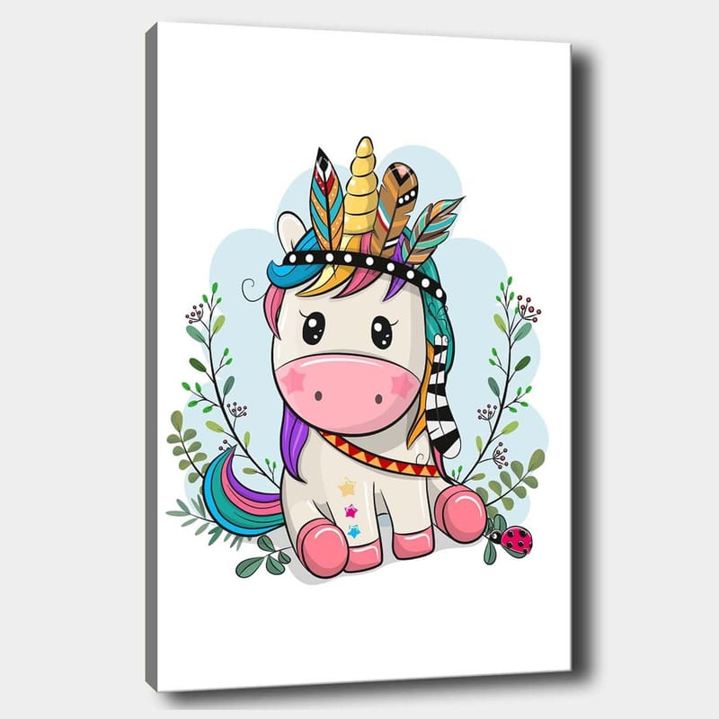 Canvastavla 70x100 cm - Söt enhörning med färgglad man och fjädrar som prydnad - Rosa / Lila / Grön - Inredning - Tavlor & posters - Canvastavla