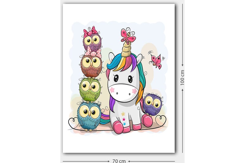 Canvastavla 70x100 cm - Söt enhörning omgiven av färgglada ugglor med stora ögon - Grå / Grön / Lila - Inredning - Tavlor & posters - Canvastavla