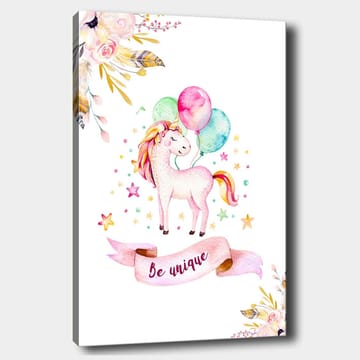 Canvastavla 70x100 cm - Söt enhörning som håller i färgglada ballonger och omges av stjärnor och blommor - Rosa / Mintgrön / Gul - Inredning - Tavlor & posters - Canvastavla