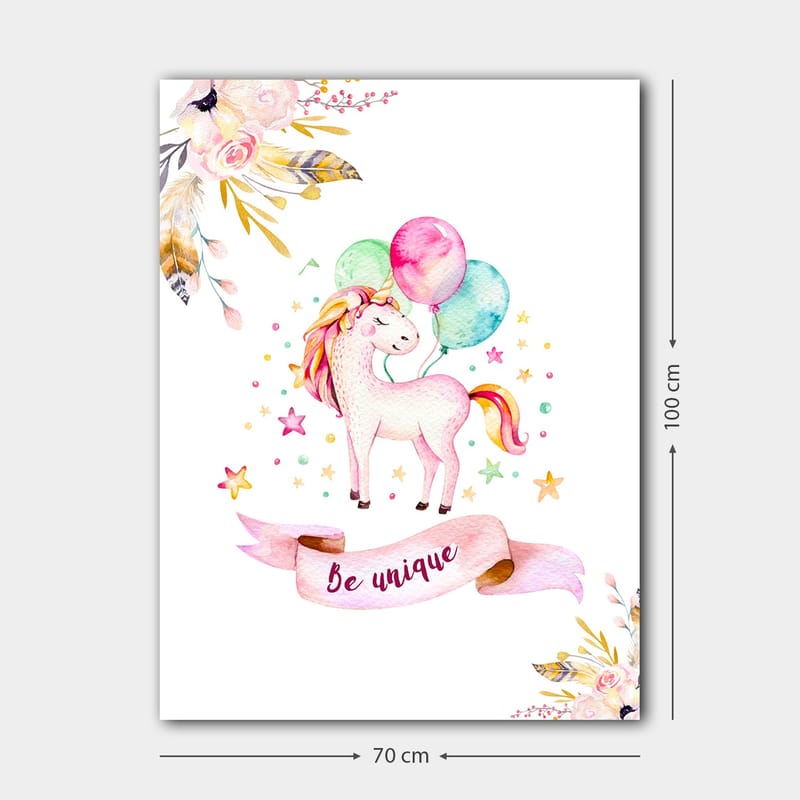 Canvastavla 70x100 cm - Söt enhörning som håller i färgglada ballonger och omges av stjärnor och blommor - Rosa / Mintgrön / Gul - Inredning - Tavlor & posters - Canvastavla