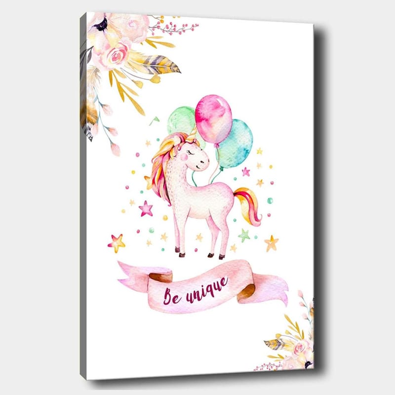 Canvastavla 70x100 cm - Söt enhörning som håller i färgglada ballonger och omges av stjärnor och blommor, Rosa / Mintgrön / Gul