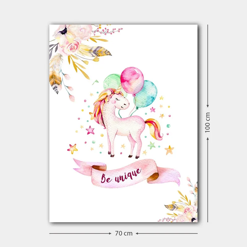 Canvastavla 70x100 cm - Söt enhörning som håller i färgglada ballonger och omges av stjärnor och blommor - Rosa / Mintgrön / Gul - Inredning - Tavlor & posters - Canvastavla