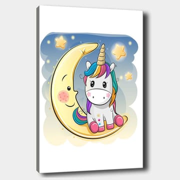 Canvastavla 70x100 cm - Söt enhörning som sitter på en måne med stjärnor i bakgrunden - Gul / Rosa / Blå - Inredning - Tavlor & posters - Canvastavla