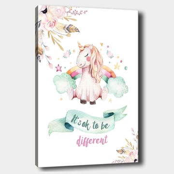 Canvastavla 70x100 cm - Söt enhörning som sitter på moln med en regnbåge i bakgrunden - Rosa / Mintgrön / Ljusgul - Inredning - Tavlor & posters - Canvastavla