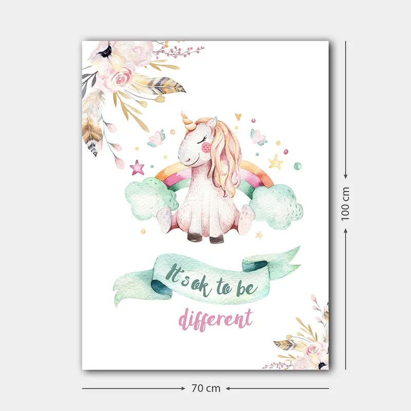 Canvastavla 70x100 cm - Söt enhörning som sitter på moln med en regnbåge i bakgrunden - Rosa / Mintgrön / Ljusgul - Inredning - Tavlor & posters - Canvastavla