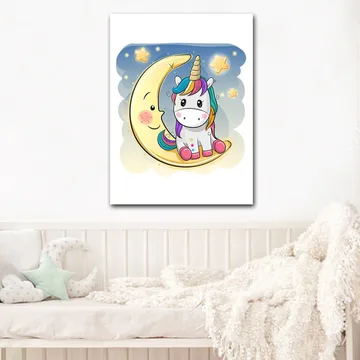 Canvastavla 70x100 cm - Söt enhörning som sitter på en måne med stjärnor i bakgrunden - Gul / Rosa / Blå - Inredning - Tavlor & posters - Canvastavla